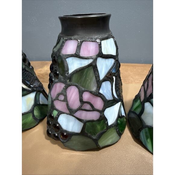 Set Of 3 Vintage Stained Glass Lamp Pendant Light Shade Blue Jay & Berries - Picture 6 of 16